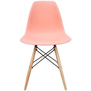 2xhome - pink - dsw molded plastic shell bedroom dining side ray chair with brown wood eiffel dowel-legs base nature legs