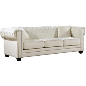 meridian furniture bowery collection modern | contemporary button tufted, velvet upholstered sofa with square arms, nailhead trim and wood legs, cream, 90" w x 36.5" d x 30.5" h