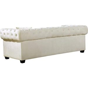 Meridian Furniture Bowery Collection Modern | Contemporary Button Tufted, Velvet Upholstered Sofa with Square Arms, Nailhead Trim and Wood Legs, Cream, 90" W x 36.5" D x 30.5" H