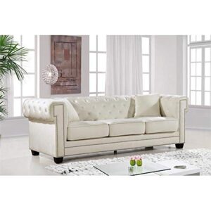 Meridian Furniture Bowery Collection Modern | Contemporary Button Tufted, Velvet Upholstered Sofa with Square Arms, Nailhead Trim and Wood Legs, Cream, 90" W x 36.5" D x 30.5" H