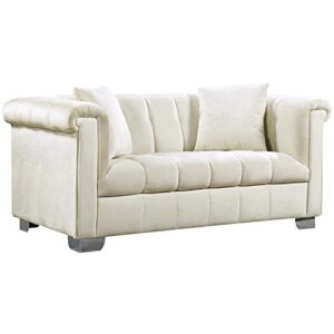 meridian furniture kayla collection modern | contemporary velvet upholstered loveseat with deep channel tufting and custom chrome legs, cream, 68" w x 37" d x 31" h
