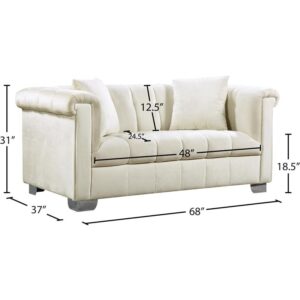 Meridian Furniture Kayla Collection Modern | Contemporary Velvet Upholstered Loveseat with Deep Channel Tufting and Custom Chrome Legs, Cream, 68" W x 37" D x 31" H