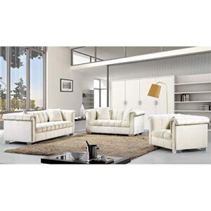 Meridian Furniture Kayla Collection Modern | Contemporary Velvet Upholstered Loveseat with Deep Channel Tufting and Custom Chrome Legs, Cream, 68" W x 37" D x 31" H