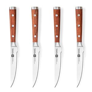 foxel steak knives knife set of 4, 8, or 12 - non serrated straight edge blade w/weighted full tang sandal wood handle - japanese vg10 stainless steel steak knife gift box - hand wash only