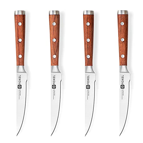 FOXEL Steak Knives Knife Set of 4, 8, or 12 - Non Serrated Straight Edge Blade w/Weighted Full Tang Sandal Wood Handle - Japanese VG10 Stainless Steel Steak Knife Gift Box - Hand Wash Only