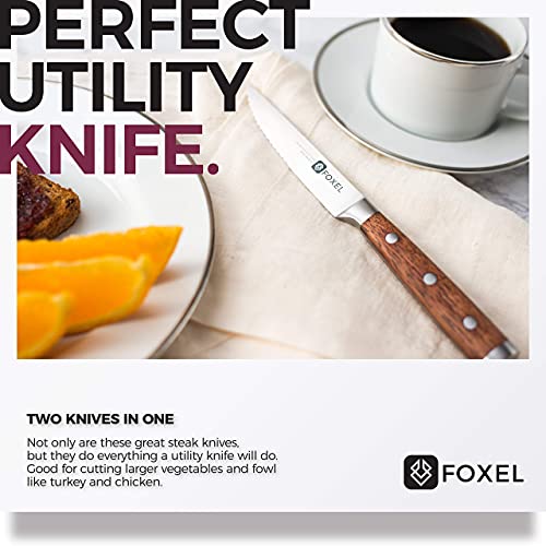 FOXEL Steak Knives Knife Set of 4, 8, or 12 - Non Serrated Straight Edge Blade w/Weighted Full Tang Sandal Wood Handle - Japanese VG10 Stainless Steel Steak Knife Gift Box - Hand Wash Only