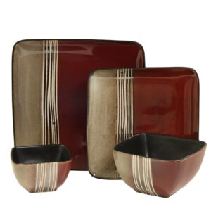 Elama Square Stoneware Loft Collection Dinnerware Dish Set, 16 Piece, Red and Tan with White Accents