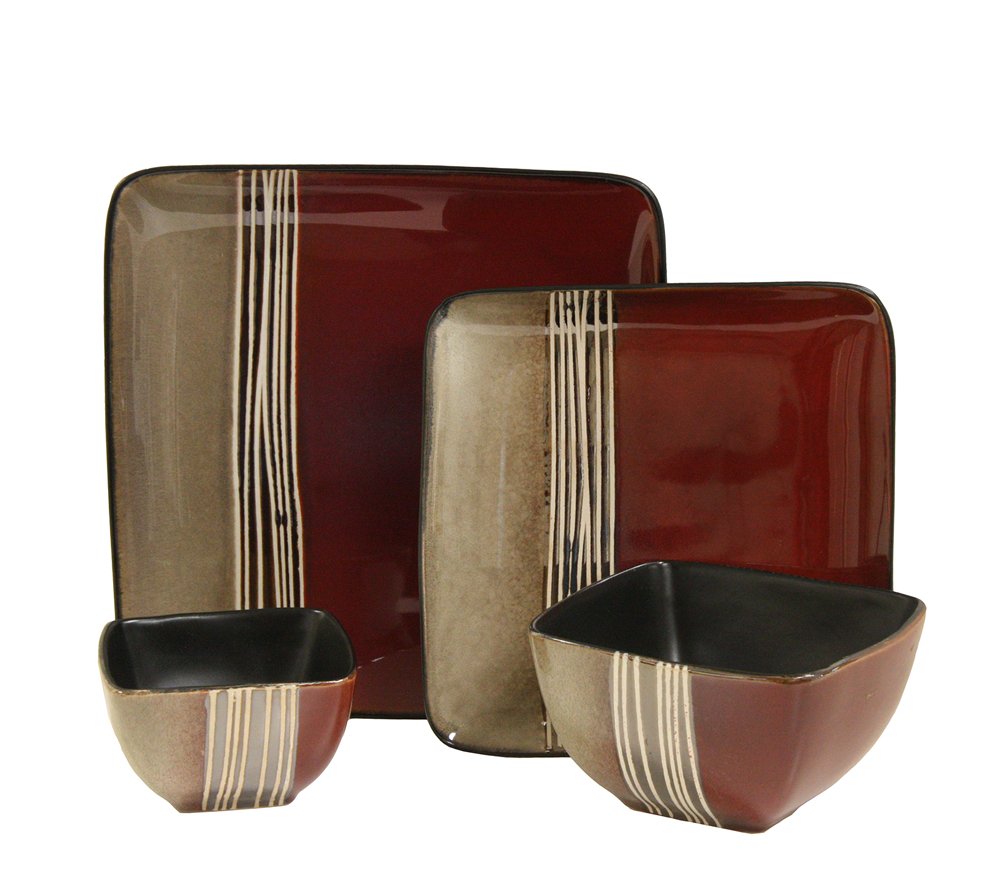 Elama Square Stoneware Loft Collection Dinnerware Dish Set, 16 Piece, Red and Tan with White Accents