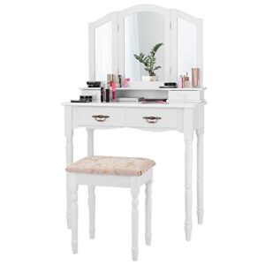giantex vanity set with tri-folding mirror, makeup dressing table with 4 drawers and storage shelf, modern bedroom bathroom makeup vanity desk with cushioned stool for girls women (white)