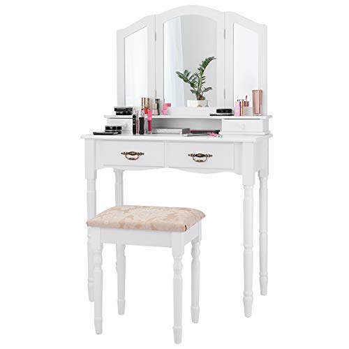 Giantex Vanity Set with Tri-Folding Mirror, Makeup Dressing Table with 4 Drawers and Storage Shelf, Modern Bedroom Bathroom Makeup Vanity Desk with Cushioned Stool for Girls Women (White)