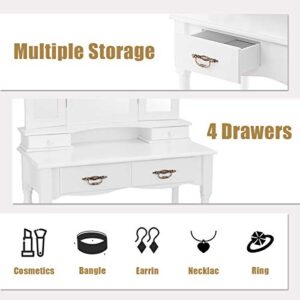 Giantex Vanity Set with Tri-Folding Mirror, Makeup Dressing Table with 4 Drawers and Storage Shelf, Modern Bedroom Bathroom Makeup Vanity Desk with Cushioned Stool for Girls Women (White)