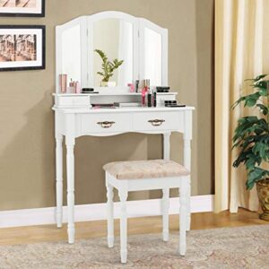 Giantex Vanity Set with Tri-Folding Mirror, Makeup Dressing Table with 4 Drawers and Storage Shelf, Modern Bedroom Bathroom Makeup Vanity Desk with Cushioned Stool for Girls Women (White)