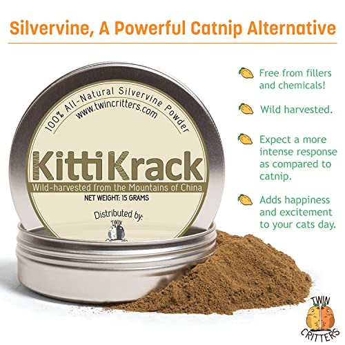 TWINCRITTERS KittiKrack Organic Silvervine Catnip Powder Substitute for Cats & Kittens | All-Natural Wild Harvested Silvervine Powder | 3 Individual 5-Gram KittiKrack Powder Packs | 15g