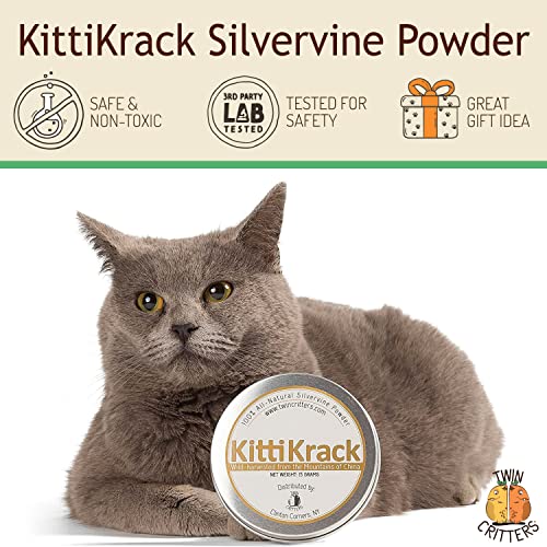 TWINCRITTERS KittiKrack Organic Silvervine Catnip Powder Substitute for Cats & Kittens | All-Natural Wild Harvested Silvervine Powder | 3 Individual 5-Gram KittiKrack Powder Packs | 15g