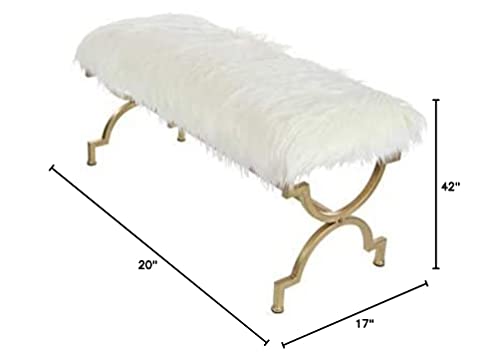 Deco 79 Metal Bench with White Faux Fur Top, 42" x 17" x 20", Gold