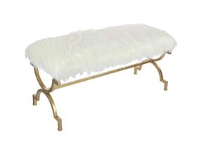 deco 79 metal bench with white faux fur top, 42" x 17" x 20", gold