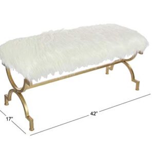 Deco 79 Metal Bench with White Faux Fur Top, 42" x 17" x 20", Gold