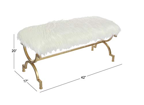 Deco 79 Metal Bench with White Faux Fur Top, 42" x 17" x 20", Gold