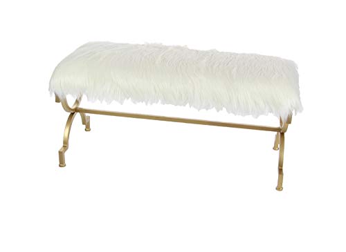 Deco 79 Metal Bench with White Faux Fur Top, 42" x 17" x 20", Gold