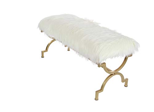 Deco 79 Metal Bench with White Faux Fur Top, 42" x 17" x 20", Gold