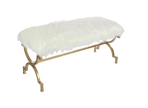 Deco 79 Metal Bench with White Faux Fur Top, 42" x 17" x 20", Gold