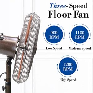 DecoBREEZE Pedestal Standing Fan, 3 Speed Oscillating Fan with Adjustable Height, Kipling, Antique Fan, 16 inches