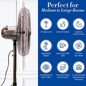 DecoBREEZE Pedestal Standing Fan, 3 Speed Oscillating Fan with Adjustable Height, Kipling, Antique Fan, 16 inches