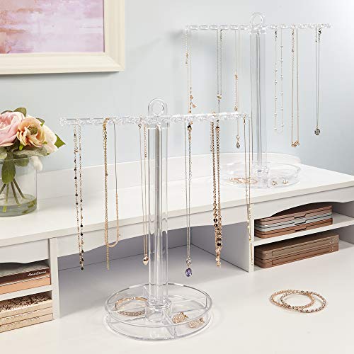 STORi Clear Plastic Hanging Jewelry Organizer | Holds 30 Individual Necklaces on the Pegs & Sorts Small Jewelry in the Bottom Divided Holder | Made in USA