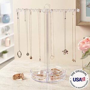 STORi Clear Plastic Hanging Jewelry Organizer | Holds 30 Individual Necklaces on the Pegs & Sorts Small Jewelry in the Bottom Divided Holder | Made in USA