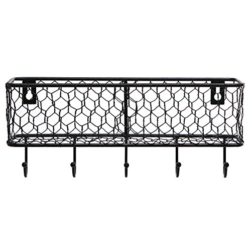 MyGift Wall Mounted Farmhouse Matte Black Chicken Wire Metal Entryway Mail Holder Letter Organizer Storage Basket with 5 Key Hooks