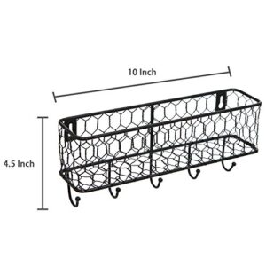 MyGift Wall Mounted Farmhouse Matte Black Chicken Wire Metal Entryway Mail Holder Letter Organizer Storage Basket with 5 Key Hooks