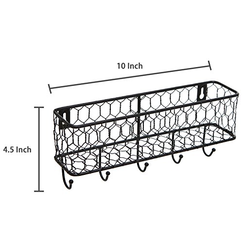 MyGift Wall Mounted Farmhouse Matte Black Chicken Wire Metal Entryway Mail Holder Letter Organizer Storage Basket with 5 Key Hooks