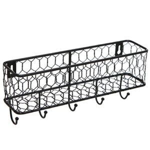 mygift wall mounted farmhouse matte black chicken wire metal entryway mail holder letter organizer storage basket with 5 key hooks