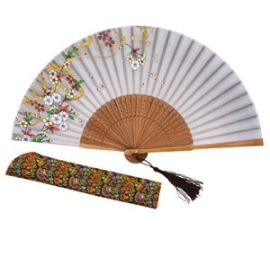 amajiji charming elegant modern woman handmade bamboo silk 8.27" (21cm) folding pocket purse hand fan, collapsible transparent holding painted fan with silk pouches/wrapping lxhsz (lxhs-21)