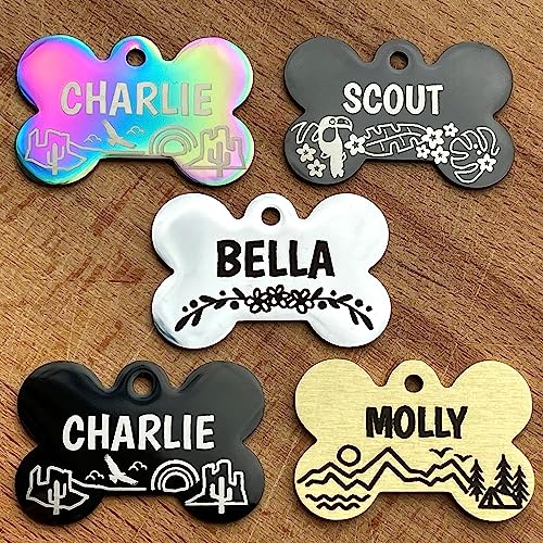 GoTags Dog Tags, Personalized Pet Tags in Stainless Steel, Solid Brass, Rainbow Steel or Black Steel with Cute Custom Design, Engraved on Both Sides, Cute Custom Tags for Dogs and Cats, Made in USA