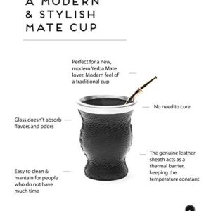 BALIBETOV [New Leather & Glass Yerba Mate Gourd Set (Mate Cup) with Yerba Mate Bombilla (Straw) (Black)