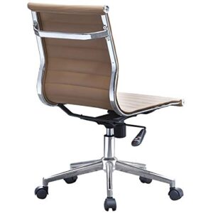 2xhome - Mid Back Height Modern Office Chair, Armless Ribbed PU Leather Seat with Swivel Tilt Adjustable Chrome Base - Executive Conference Room Task Chair (Tan)