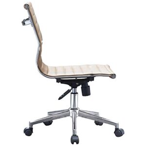 2xhome - Mid Back Height Modern Office Chair, Armless Ribbed PU Leather Seat with Swivel Tilt Adjustable Chrome Base - Executive Conference Room Task Chair (Tan)