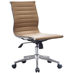 2xhome - Mid Back Height Modern Office Chair, Armless Ribbed PU Leather Seat with Swivel Tilt Adjustable Chrome Base - Executive Conference Room Task Chair (Tan)