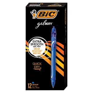 bic gel-ocity quick dry blue gel pens, medium point (0.7mm), 12-count pack, retractable gel pens with comfortable full grip