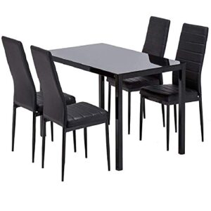 mecor 5pc kitchen dinning table set glass top metal legs w/4 pu leather chairs black
