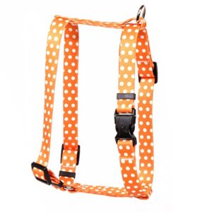 yellow dog design orange polka dot roman style h dog harness, x-small-3/8 wide and fits chest of 8 to 14"