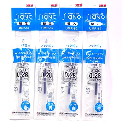 Uni Signo RT1 Gel Ballpoint Pen Blue Ink Refills, 0.28mm, Set of 4