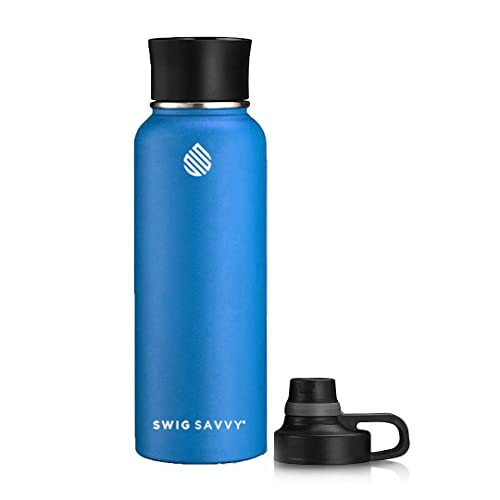 Swig Savvy Sports Water Bottle, Vacuum Insulated Stainless steel, Double Wall, Wide Mouth 2 Leakproof Lid, Travel Thermos - 40oz (Blue)