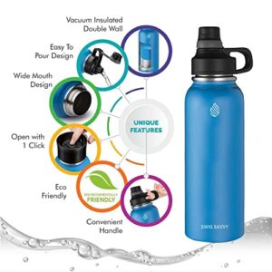 Swig Savvy Sports Water Bottle, Vacuum Insulated Stainless steel, Double Wall, Wide Mouth 2 Leakproof Lid, Travel Thermos - 40oz (Blue)