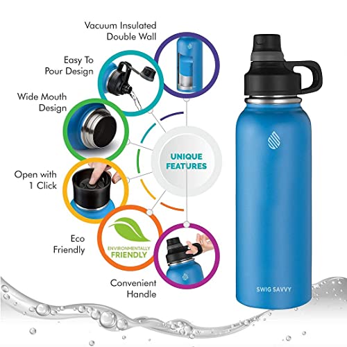 Swig Savvy Sports Water Bottle, Vacuum Insulated Stainless steel, Double Wall, Wide Mouth 2 Leakproof Lid, Travel Thermos - 40oz (Blue)