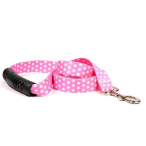 yellow dog design new pink polka dot ez-grip dog leash with comfort handle, large-1" wide and 5' (60") long