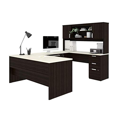 Bestar Ridgeley U-Shaped Executive Desk with Pedestal and Hutch, 65W, White Chocolate