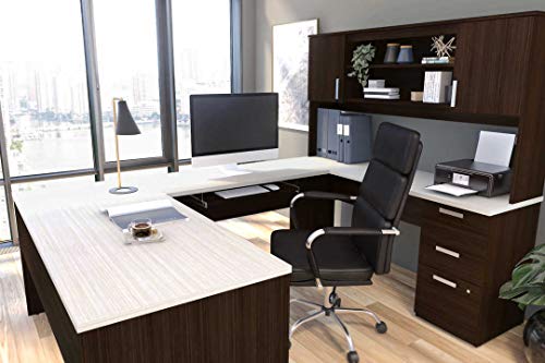 Bestar Ridgeley U-Shaped Executive Desk with Pedestal and Hutch, 65W, White Chocolate