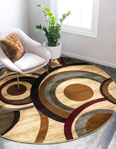 unique loom barista collection modern, abstract, geometric, circles, bohemian, rustic, warm colors area rug, 8 ft 0 x 8 ft 0 round, beige/brown